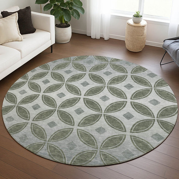 HomeRoots 8' Artichoke Green & Ivory Geometric Indoor/Outdoor Rug - Washable, Durable, Stylish & Versatile! 691436