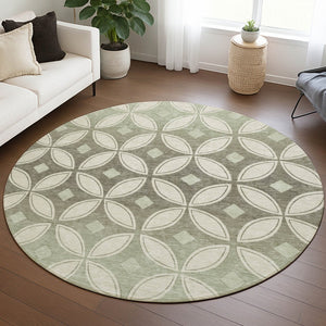 HomeRoots 8' Round Geometric Washable Area Rug in Beige, Ivory & Sage - Perfect for Indoor & Outdoor Spaces! 691442
