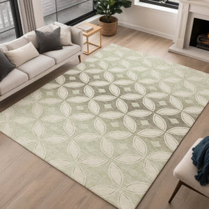 HomeRoots 9' X 12' Washable Beige, Ivory & Sage Geometric Area Rug for Indoor/Outdoor High-Traffic Spaces 691444
