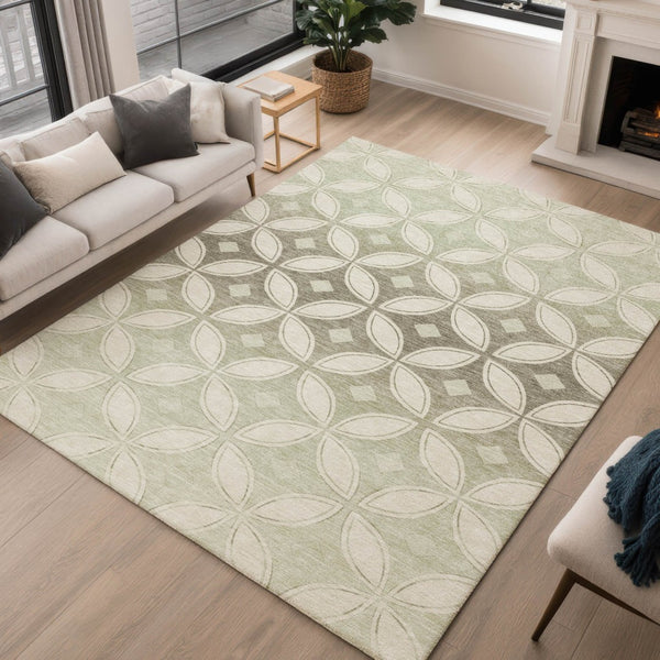 HomeRoots 9' X 12' Washable Beige, Ivory & Sage Geometric Area Rug for Indoor/Outdoor High-Traffic Spaces 691444