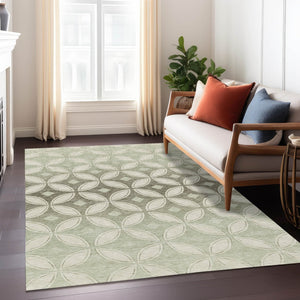 HomeRoots 9' X 12' Washable Beige, Ivory & Sage Geometric Area Rug for Indoor/Outdoor High-Traffic Spaces 691444