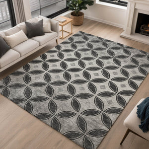 HomeRoots 5' X 8' Black And Ivory Geometric Washable Area Rug – Durable, Stylish, Perfect for Indoor & Outdoor Use 691447