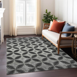 HomeRoots 5' X 8' Black And Ivory Geometric Washable Area Rug – Durable, Stylish, Perfect for Indoor & Outdoor Use 691447