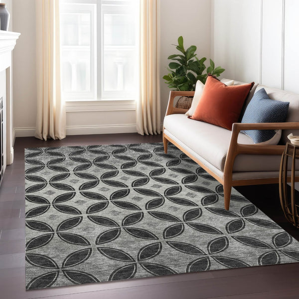 HomeRoots 5' X 8' Black And Ivory Geometric Washable Area Rug – Durable, Stylish, Perfect for Indoor & Outdoor Use 691447
