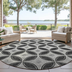 HomeRoots 8' Black And Ivory Round Geometric Washable Area Rug - Stylish, Durable, Indoor/Outdoor, Easy Care! 691448