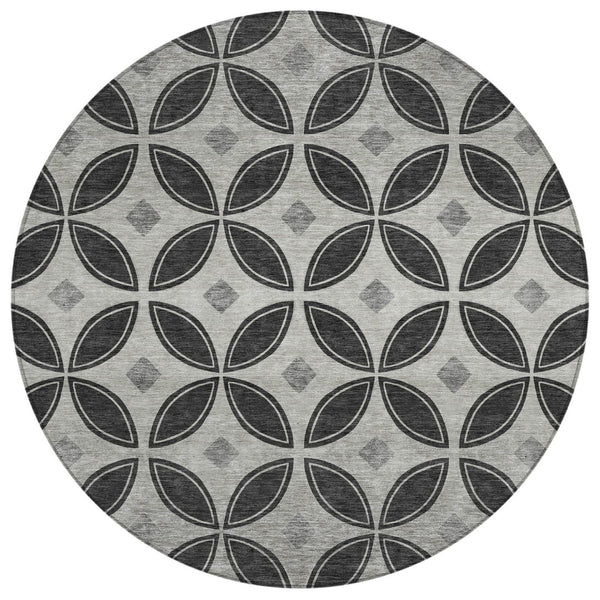 HomeRoots 8' Black And Ivory Round Geometric Washable Area Rug - Stylish, Durable, Indoor/Outdoor, Easy Care! 691448