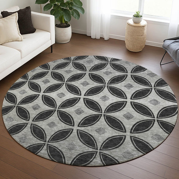 HomeRoots 8' Black And Ivory Round Geometric Washable Area Rug - Stylish, Durable, Indoor/Outdoor, Easy Care! 691448