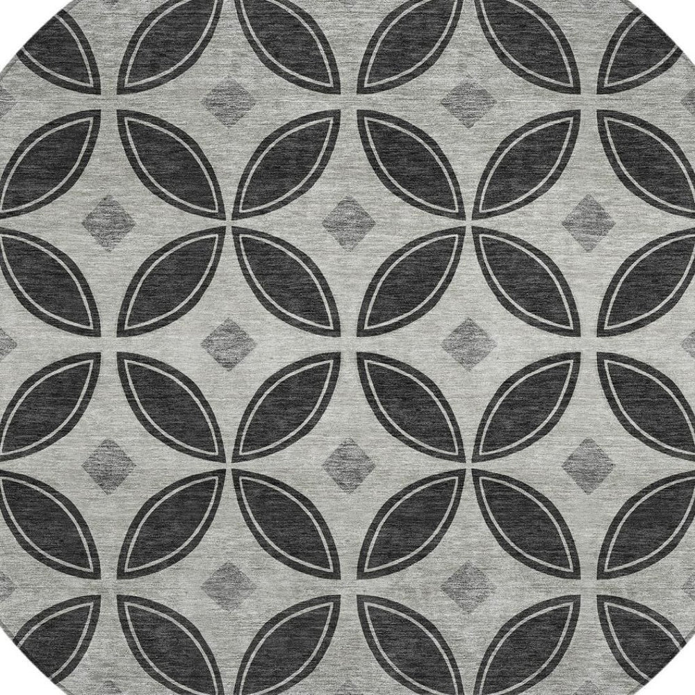HomeRoots 8' Black And Ivory Round Geometric Washable Area Rug - Stylish, Durable, Indoor/Outdoor, Easy Care! 691448