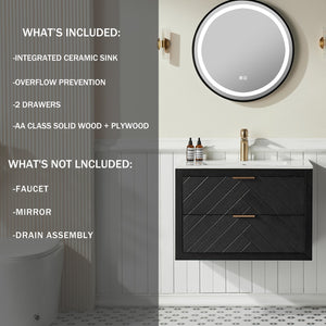 English Elm 30" Tiered Black Wall-Mounted Floating Vanity with Ceramic Sink, Center Storage Nook for Towels & Toiletries W1826P343434