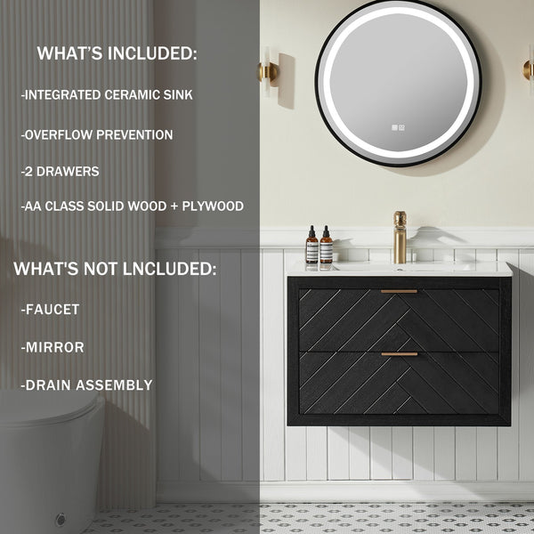 English Elm 30" Tiered Black Wall-Mounted Floating Vanity with Ceramic Sink, Center Storage Nook for Towels & Toiletries W1826P343434
