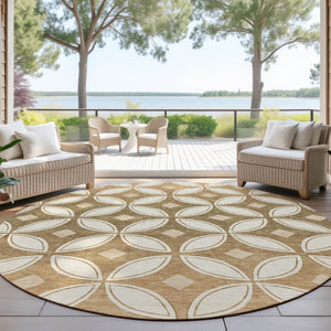 HomeRoots 8' Copper and Ivory Round Geometric Area Rug - Washable, Durable, Stylish for Indoor & Outdoor Use 691454
