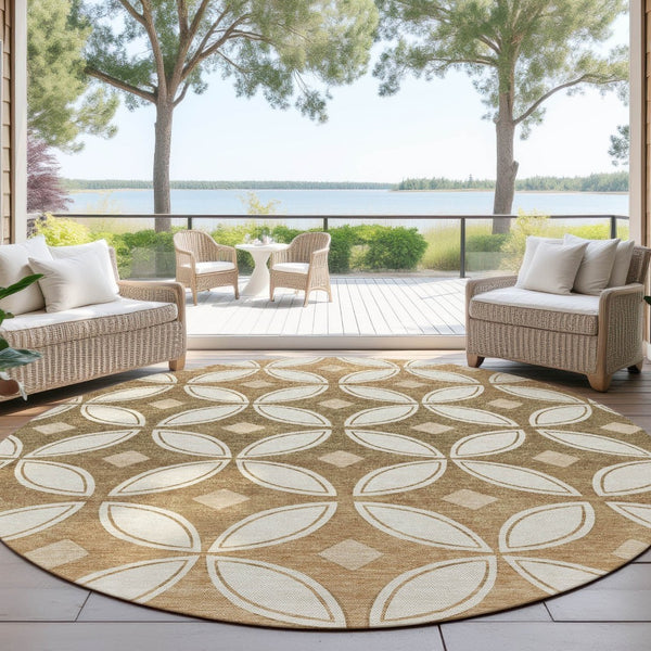 HomeRoots 8' Copper and Ivory Round Geometric Area Rug - Washable, Durable, Stylish for Indoor & Outdoor Use 691454