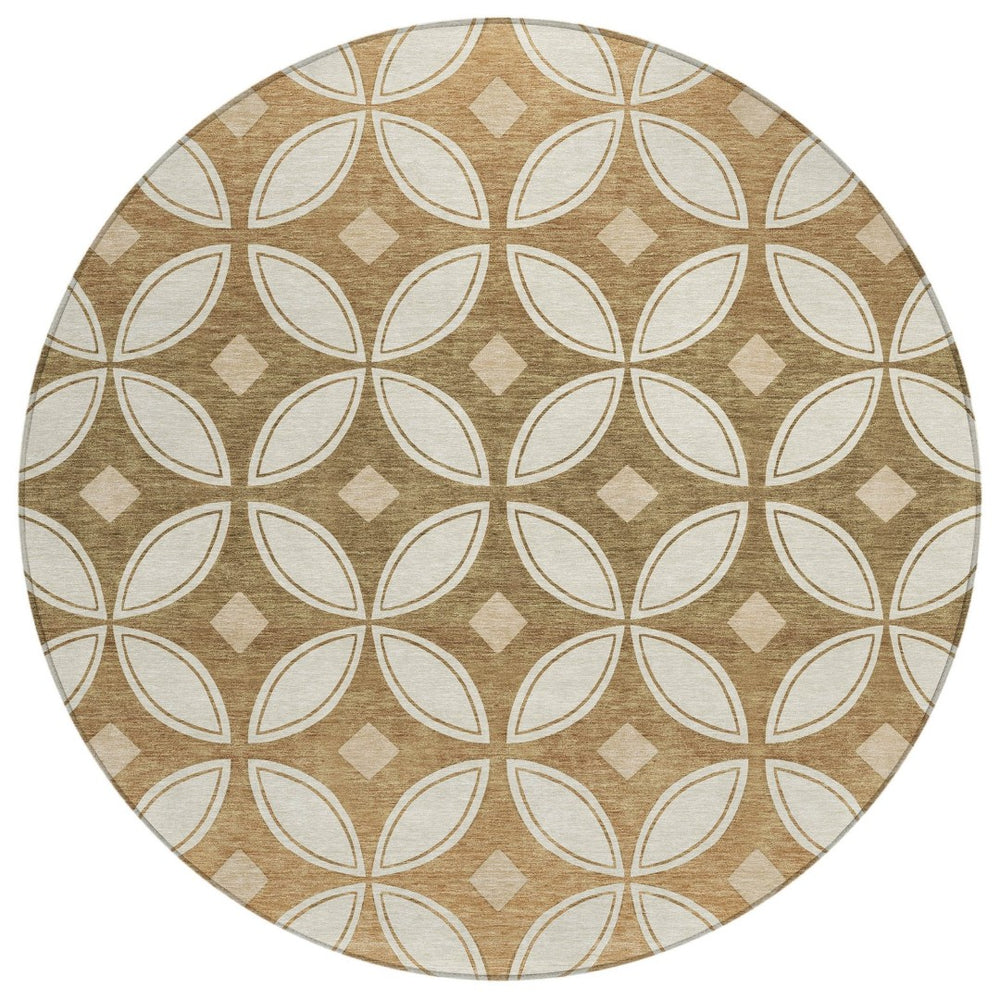 HomeRoots 8' Copper and Ivory Round Geometric Area Rug - Washable, Durable, Stylish for Indoor & Outdoor Use 691454