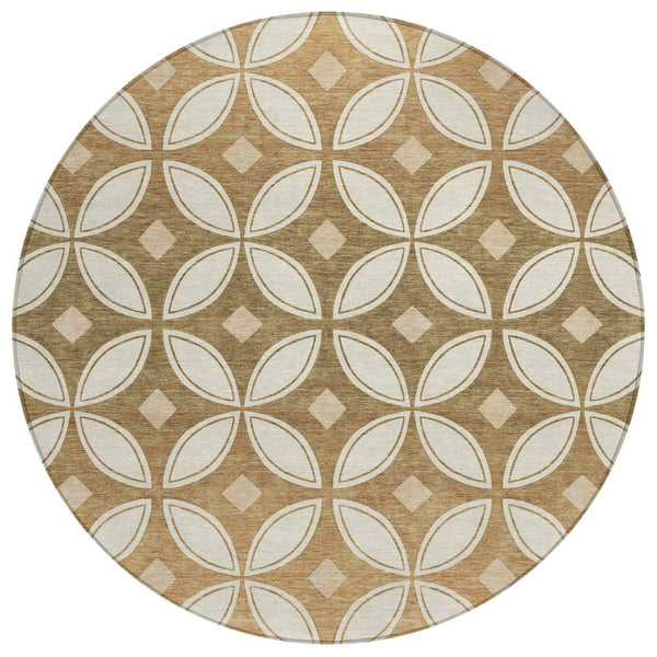 HomeRoots 8' Copper and Ivory Round Geometric Area Rug - Washable, Durable, Stylish for Indoor & Outdoor Use 691454