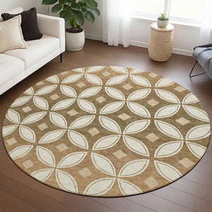 HomeRoots 8' Copper and Ivory Round Geometric Area Rug - Washable, Durable, Stylish for Indoor & Outdoor Use 691454