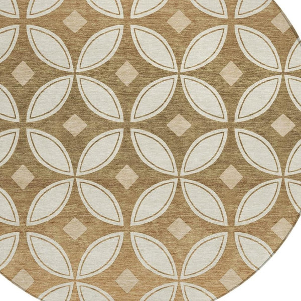 HomeRoots 8' Copper and Ivory Round Geometric Area Rug - Washable, Durable, Stylish for Indoor & Outdoor Use 691454