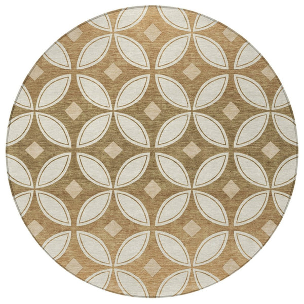 HomeRoots 8' Copper and Ivory Round Geometric Area Rug - Washable, Durable, Stylish for Indoor & Outdoor Use 691454