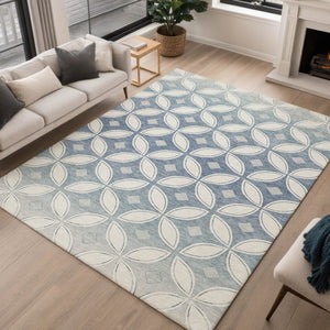 HomeRoots 5' X 8' Ivory and Blue Geometric Rug - Stylish, Washable, Durable Indoor/Outdoor Area Essential! 691459