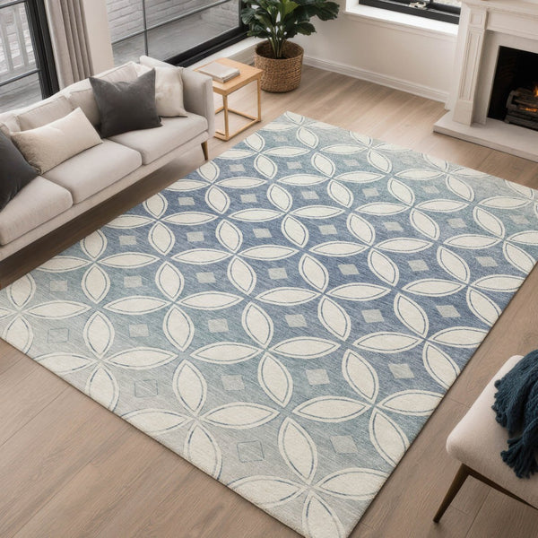 HomeRoots 5' X 8' Ivory and Blue Geometric Rug - Stylish, Washable, Durable Indoor/Outdoor Area Essential! 691459