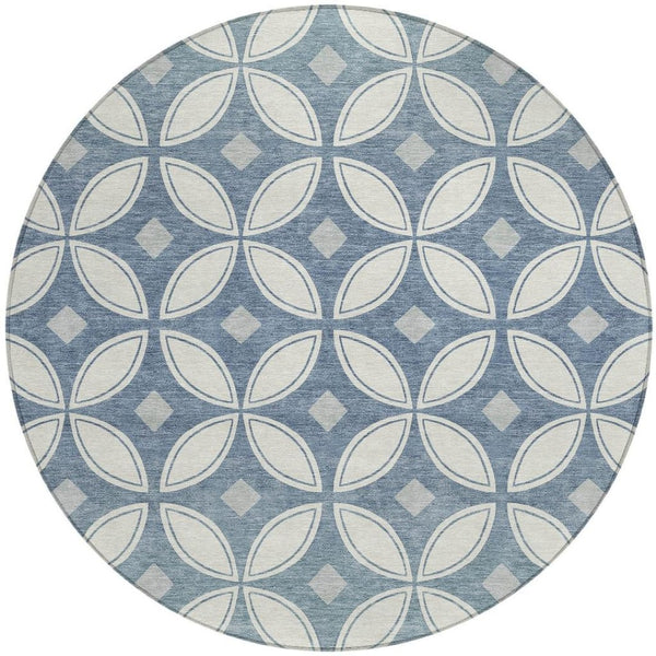 HomeRoots 8' Ivory and Blue Geometric Round Rug - Stylish, Washable Design for Indoors & Outdoors, Durable! 691460