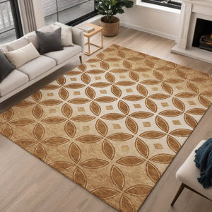HomeRoots 5' Geometric Washable Area Rug in Rust and Beige - Durable Indoor/Outdoor Accent for Any Space 691465