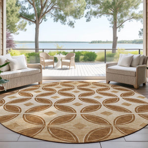 HomeRoots 8' Stylish Round Geometric Washable Area Rug in Rust and Beige for Indoor/Outdoor Spaces 691466