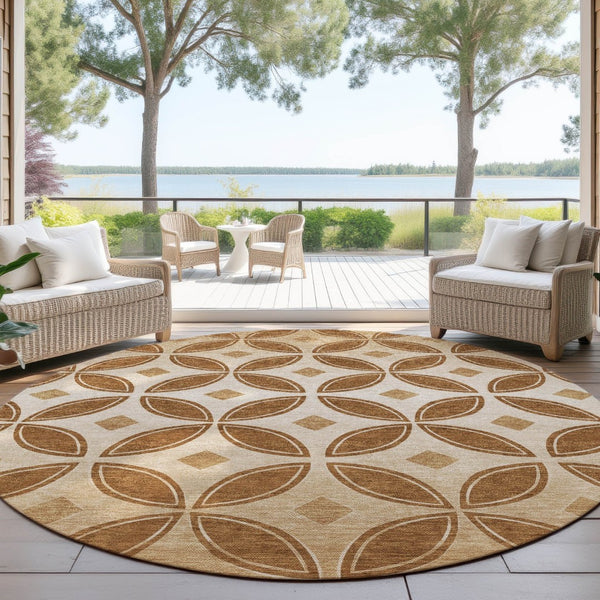 HomeRoots 8' Stylish Round Geometric Washable Area Rug in Rust and Beige for Indoor/Outdoor Spaces 691466