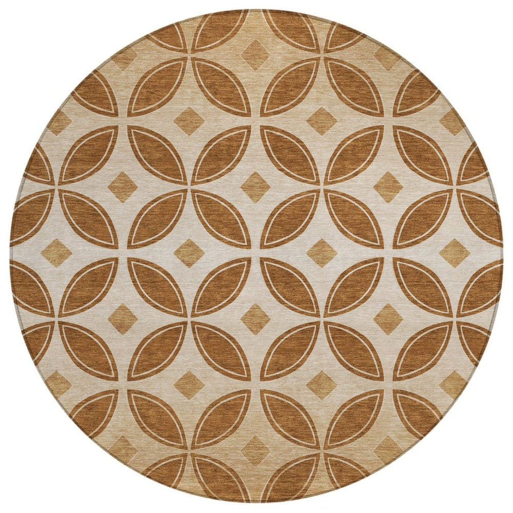 HomeRoots 8' Stylish Round Geometric Washable Area Rug in Rust and Beige for Indoor/Outdoor Spaces 691466