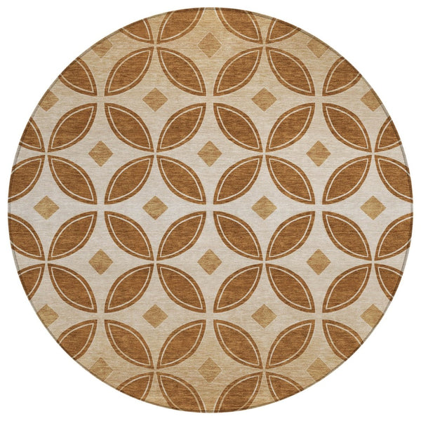 HomeRoots 8' Stylish Round Geometric Washable Area Rug in Rust and Beige for Indoor/Outdoor Spaces 691466