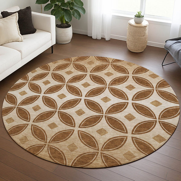 HomeRoots 8' Stylish Round Geometric Washable Area Rug in Rust and Beige for Indoor/Outdoor Spaces 691466