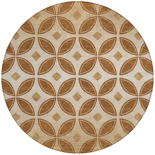 HomeRoots 8' Stylish Round Geometric Washable Area Rug in Rust and Beige for Indoor/Outdoor Spaces 691466