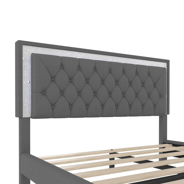 English Elm 3-Pieces Tufted Upholstered Platform Bed with Romantic LED Headboard and Two Storage Nightstands Gray 63.98 L x 23.23 W x 5.91 H N733S183659E