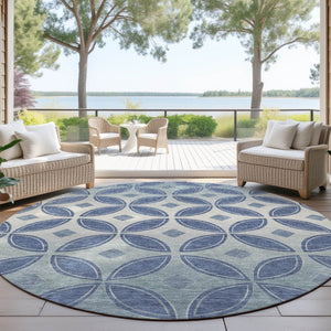 HomeRoots 8' Teal Blue and Ivory Round Geometric Rug - Stylish, Washable & Durable for Indoor/Outdoor Use 691478