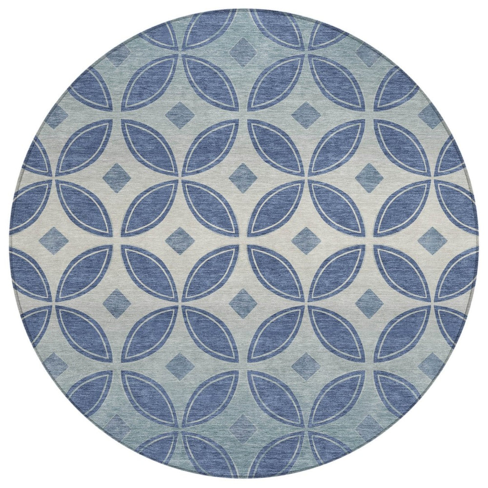 HomeRoots 8' Teal Blue and Ivory Round Geometric Rug - Stylish, Washable & Durable for Indoor/Outdoor Use 691478