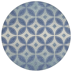 HomeRoots 8' Teal Blue and Ivory Round Geometric Rug - Stylish, Washable & Durable for Indoor/Outdoor Use 691478