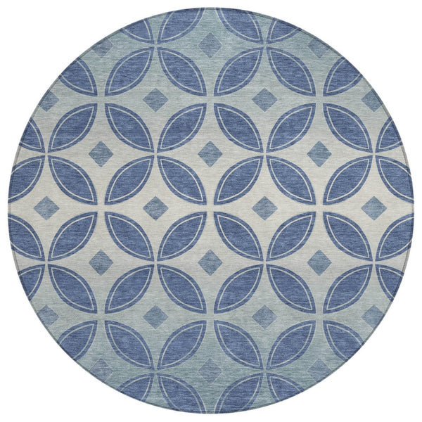 HomeRoots 8' Teal Blue and Ivory Round Geometric Rug - Stylish, Washable & Durable for Indoor/Outdoor Use 691478