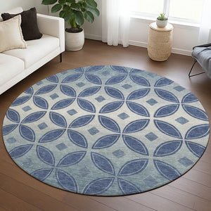 HomeRoots 8' Teal Blue and Ivory Round Geometric Rug - Stylish, Washable & Durable for Indoor/Outdoor Use 691478
