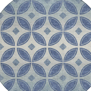 HomeRoots 8' Teal Blue and Ivory Round Geometric Rug - Stylish, Washable & Durable for Indoor/Outdoor Use 691478
