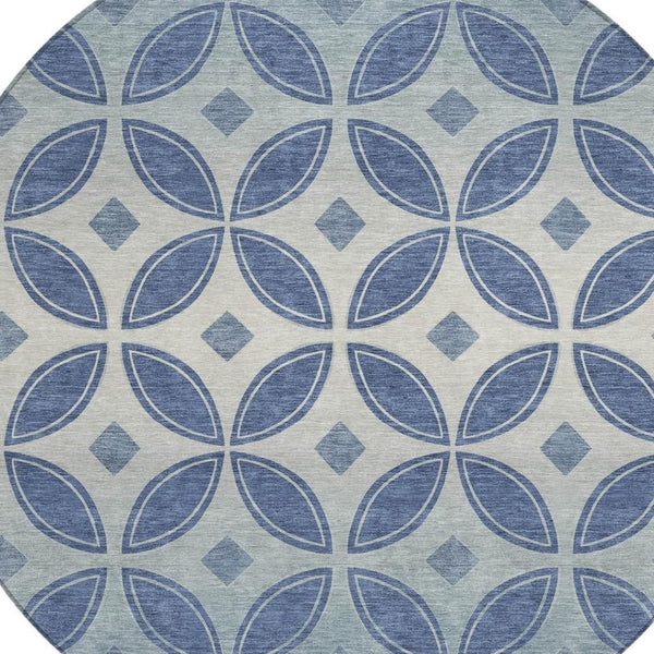 HomeRoots 8' Teal Blue and Ivory Round Geometric Rug - Stylish, Washable & Durable for Indoor/Outdoor Use 691478