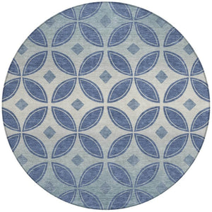 HomeRoots 8' Teal Blue and Ivory Round Geometric Rug - Stylish, Washable & Durable for Indoor/Outdoor Use 691478