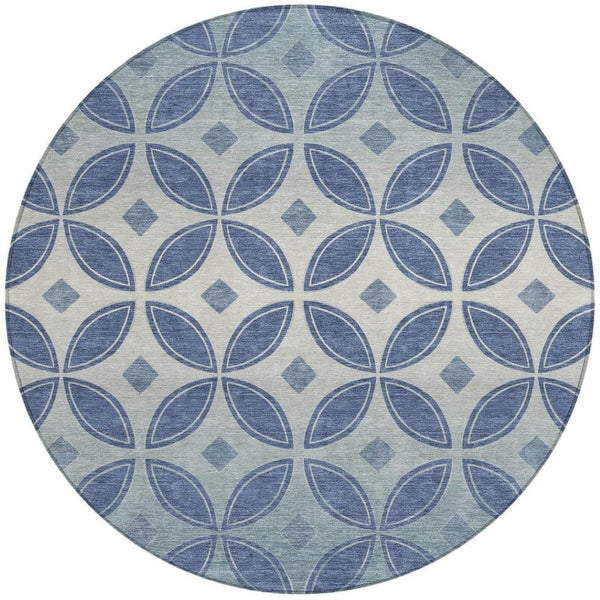 HomeRoots 8' Teal Blue and Ivory Round Geometric Rug - Stylish, Washable & Durable for Indoor/Outdoor Use 691478
