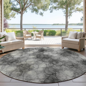 HomeRoots 8' Modern Abstract Round Area Rug in Ivory, Gray & Black - Washable, Durable for Indoor/Outdoor Use 691490