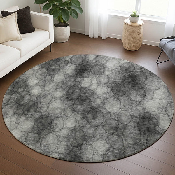 HomeRoots 8' Modern Abstract Round Area Rug in Ivory, Gray & Black - Washable, Durable for Indoor/Outdoor Use 691490