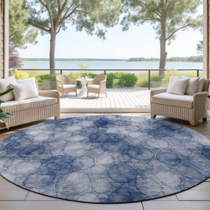HomeRoots 8' Navy Blue & Ivory Geometric Round Area Rug – Stylish, Washable, Indoor/Outdoor, Durable & Versatile 691496