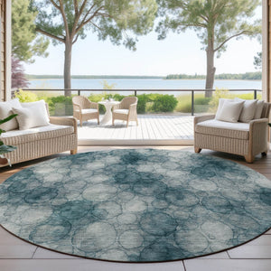 HomeRoots 8' Vibrant Turquoise and Ivory Round Abstract Area Rug - Washable, Durable for Indoor & Outdoor Use 691514