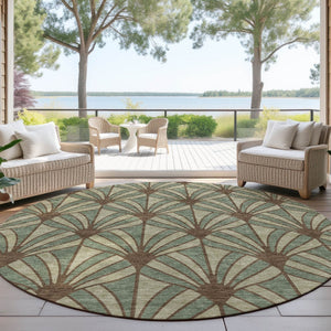 HomeRoots 8' Coastal Seashell Area Rug in Artichoke Green, Brown & Beige - Washable, Durable for Indoors & Outdoors 691520