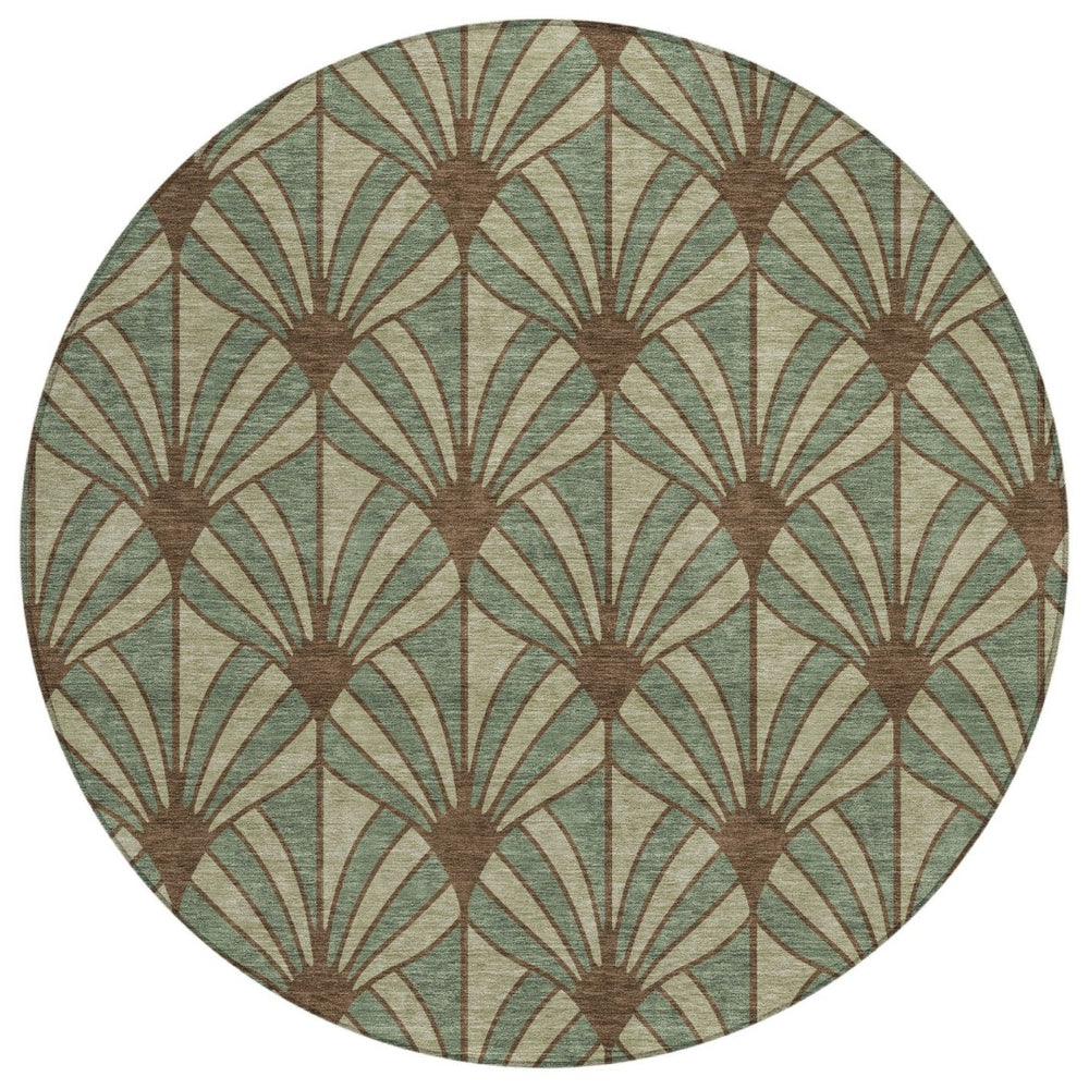 HomeRoots 8' Coastal Seashell Area Rug in Artichoke Green, Brown & Beige - Washable, Durable for Indoors & Outdoors 691520