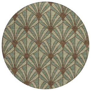 HomeRoots 8' Coastal Seashell Area Rug in Artichoke Green, Brown & Beige - Washable, Durable for Indoors & Outdoors 691520