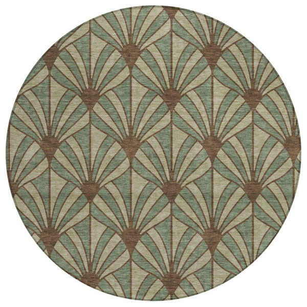 HomeRoots 8' Coastal Seashell Area Rug in Artichoke Green, Brown & Beige - Washable, Durable for Indoors & Outdoors 691520