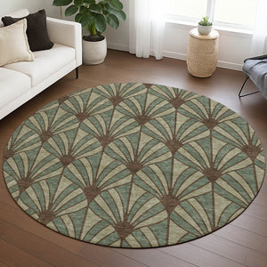 HomeRoots 8' Coastal Seashell Area Rug in Artichoke Green, Brown & Beige - Washable, Durable for Indoors & Outdoors 691520